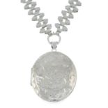 A silver locket, with engraved foliate decoration, with fancy-link chain.