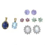 Four pairs of earrings together with two gem-set pendants.