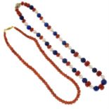 A coral bead necklace and a coral, cultured pearl and lapis lazuli necklace.