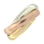 A 9ct gold tri-colour three-band ring.