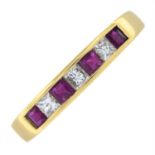 A ruby and square-shape diamond half eternity ring.