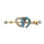 A late Victorian 9ct gold turquoise and split pearl heart and horseshoe bar brooch.