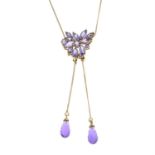 An amethyst floral cluster pendant, on a 9ct gold integral chain, with detachable briolette-cut