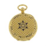 An early 20th century 18ct gold and blue enamel pocket watch pendant.