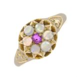 An early 20th century 15ct gold opal and ruby floral cluster ring.