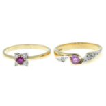 Two 9ct gold pink sapphire and diamond rings.