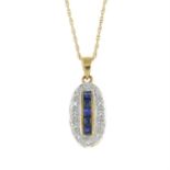 A 9ct gold diamond and sapphire pendant, with chain.