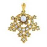 A 9ct gold cultured pearl and diamond drop pendant.