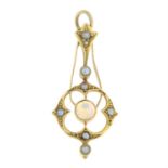 An early 20th century 15ct gold opal and split pearl drop pendant.
