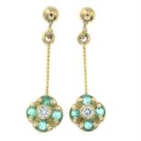 A pair of 9ct gold emerald and diamond drop earrings.