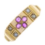 An late 19th century 15ct gold ruby and split pearl ring.