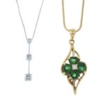 Two 9ct gold gem-set pendants, each with trace-link chain.