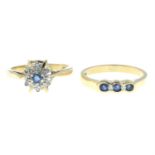 Two 9ct gold sapphire and diamond rings.