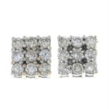 A pair of 9ct gold brilliant-cut diamond square cluster earrings.