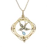 An early 20th century 9ct gold aquamarine and split pearl swallow pendant, with chain.