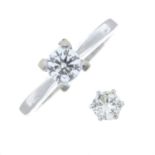 A diamond single-stone ring and a 9ct gold diamond single stud earring.