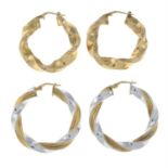 Two pairs of 9ct gold hoop earrings.