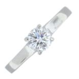 A platinum brilliant-cut diamond single-stone ring.