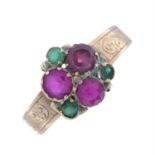 A Victorian 9ct gold synthetic ruby and green paste ring.