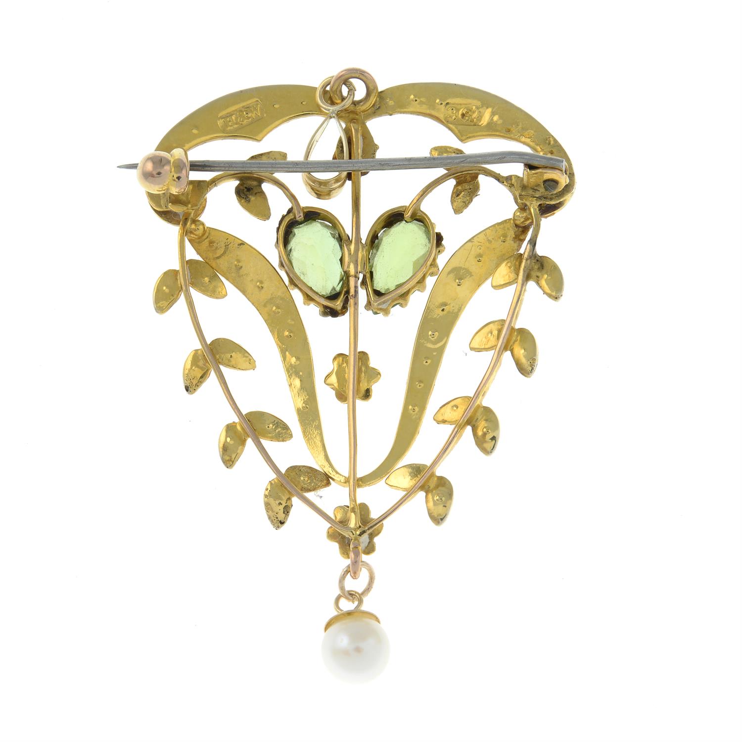 An early 20th century 9ct gold peridot and split pearl openwork pendant, suspending a cultured - Image 2 of 2