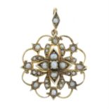 A late Victorian 9ct gold split pearl floral drop pendant.