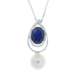 A sapphire, diamond and cultured pearl pendant, with chain.