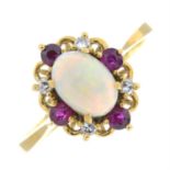 A 1970s 18ct gold ruby, diamond and opal dress ring.
