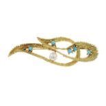 A cultured pearl and reconstitute turquoise abstract brooch.