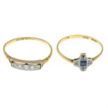 Two early 20th century 18ct gold and platinum gem-set rings.