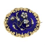 A late 19th century diamond, split pearl and blue enamel memorial brooch.