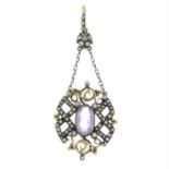 A late 19th century silver and gold pink topaz and marcasite drop pendant.