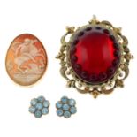 A selection of 19th century and later jewellery to include a large copal amber and red gem brooch.