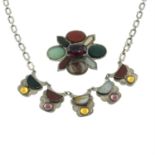 A early to mid 20th century silver multi-gem brooch and necklace.