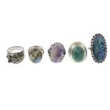 A selection of five gem-set rings to include a silver turquoise ring.