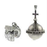 A silver ruby replica 'Sovereign's orb' pendant, together with a pumpkin pendant.