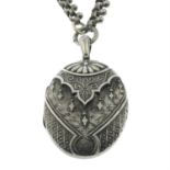 A mid Victorian silver embossed oval locket pendant, with chain.