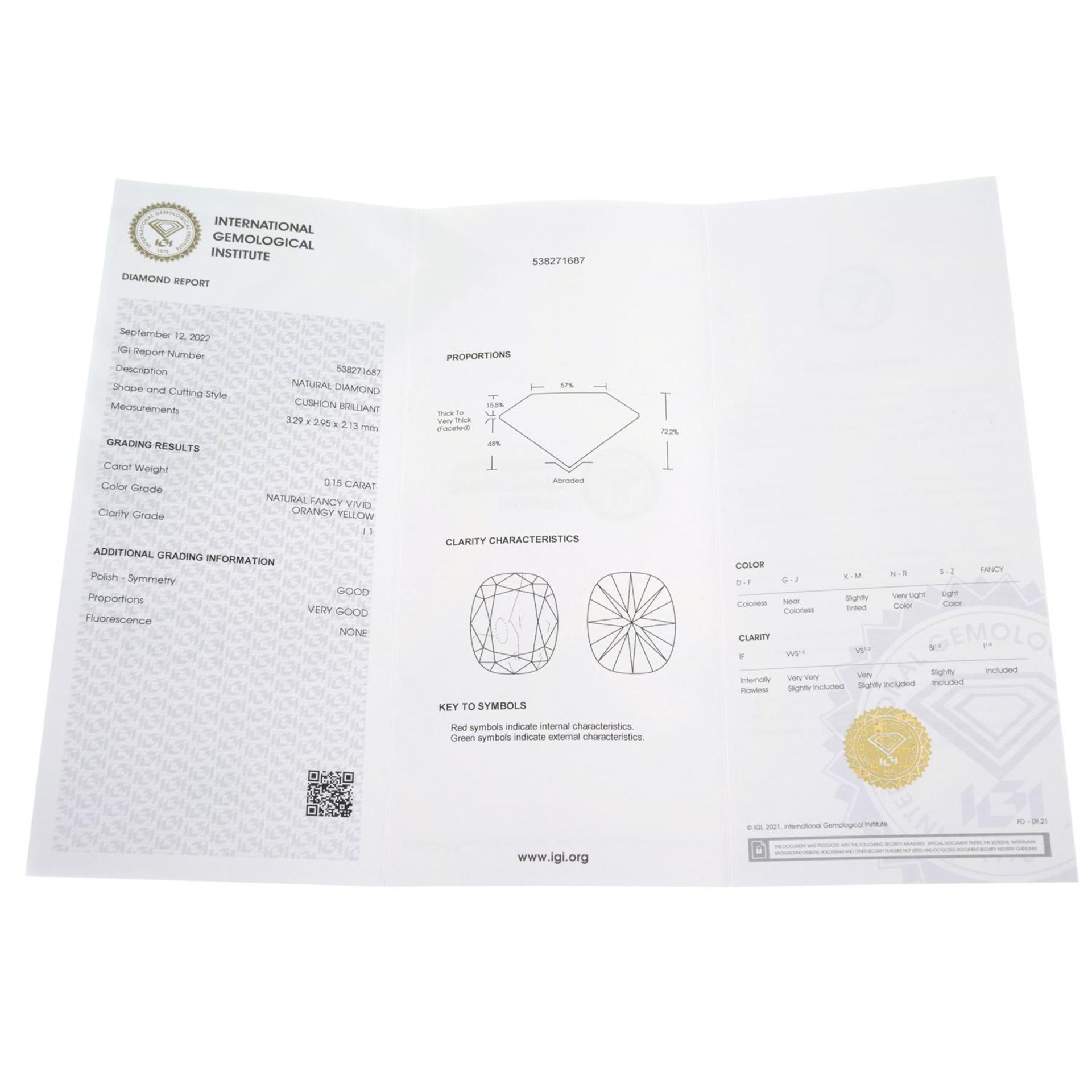 A cushion cut fancy vivid orangy yellow diamond, weighing 0.15ct. Within IGI security seal - Image 4 of 4