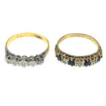 Two gold diamond and sapphire rings.