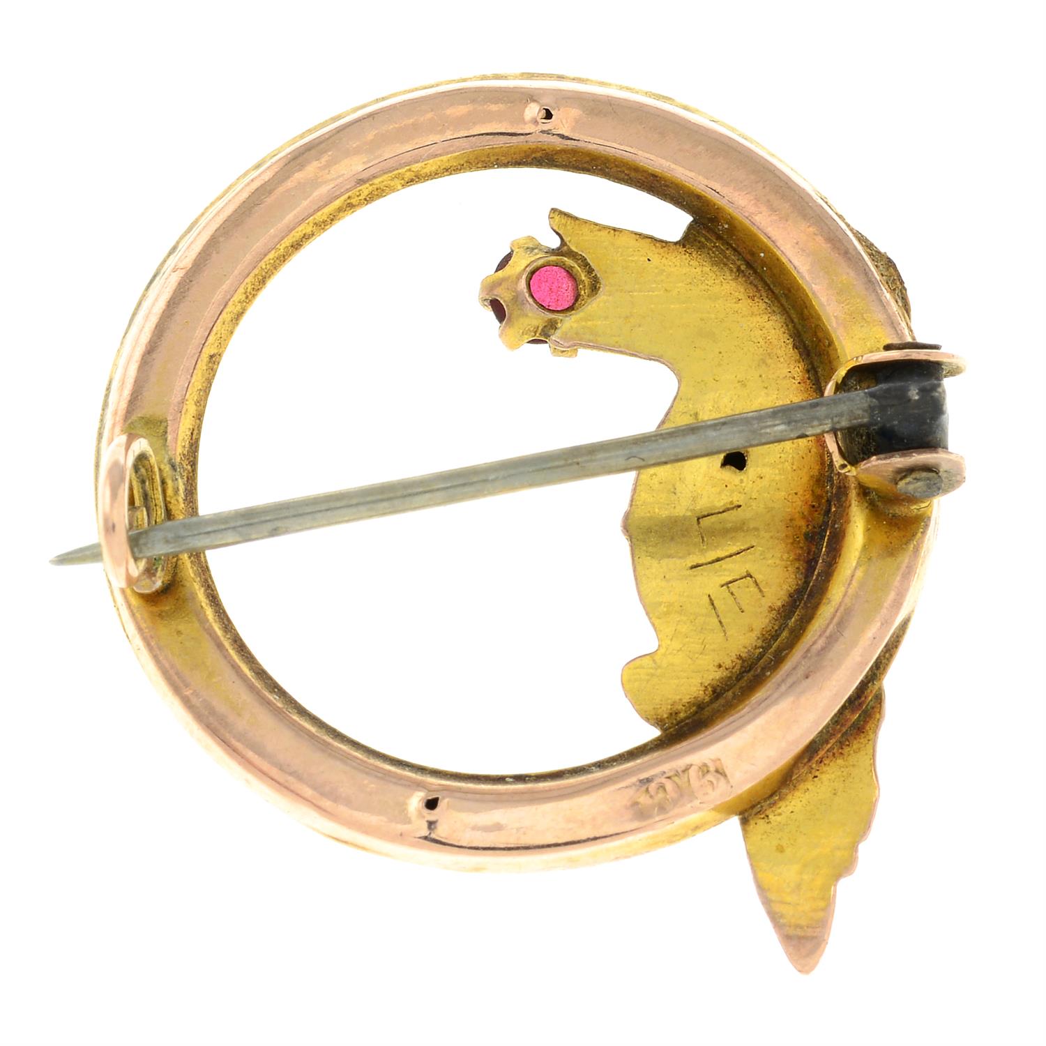 An early 20th century 9ct gold woodpecker brooch, with red paste highlight. - Image 2 of 2