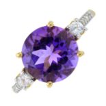 A 9ct gold amethyst single-stone dress ring, with colourless gem shoulders.
