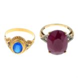 A 9ct gold glass-filled ruby and diamond ring, and a blue paste ring.