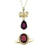 A 9ct gold garnet ring, and a 9ct garnet bow pendant, with chain.