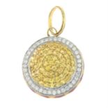 A yellow sapphire, diamond and enamel pendant. AF.