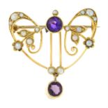 An early 20th century 15ct gold amethyst and split pearl brooch.