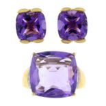 A 9ct gold amethyst and diamond ring, and a pair of 9ct gold amethyst earrings.