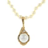 A cultured pearl single-strand necklace, suspending a 9ct gold cultured pearl and diamond pendant.