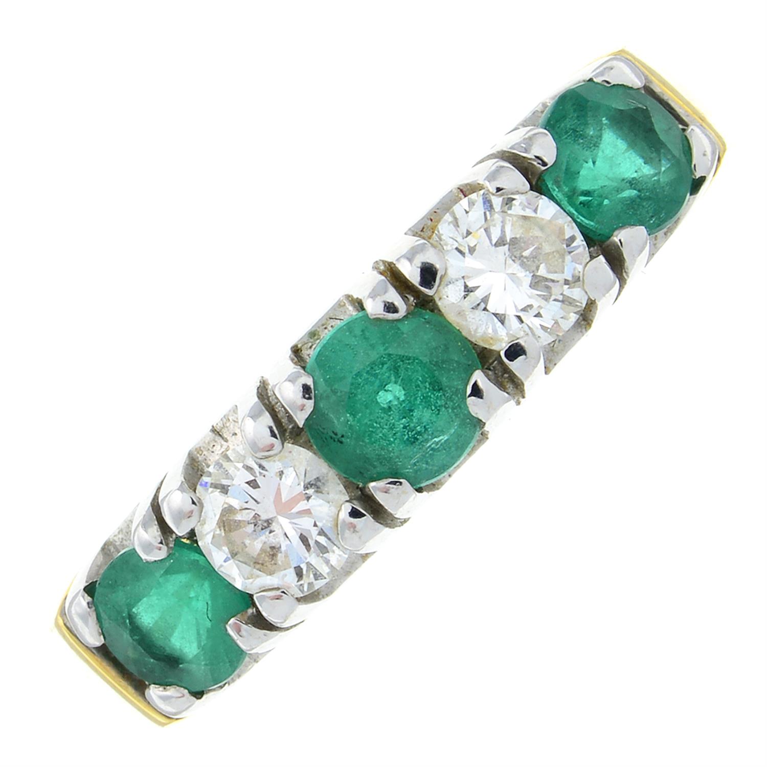 An 18ct gold brilliant-cut diamond and emerald five-stone ring.