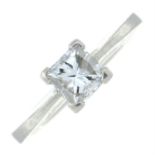 A platinum square-shape diamond single-stone ring.