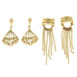Two pairs of 9ct gold drop earrings.