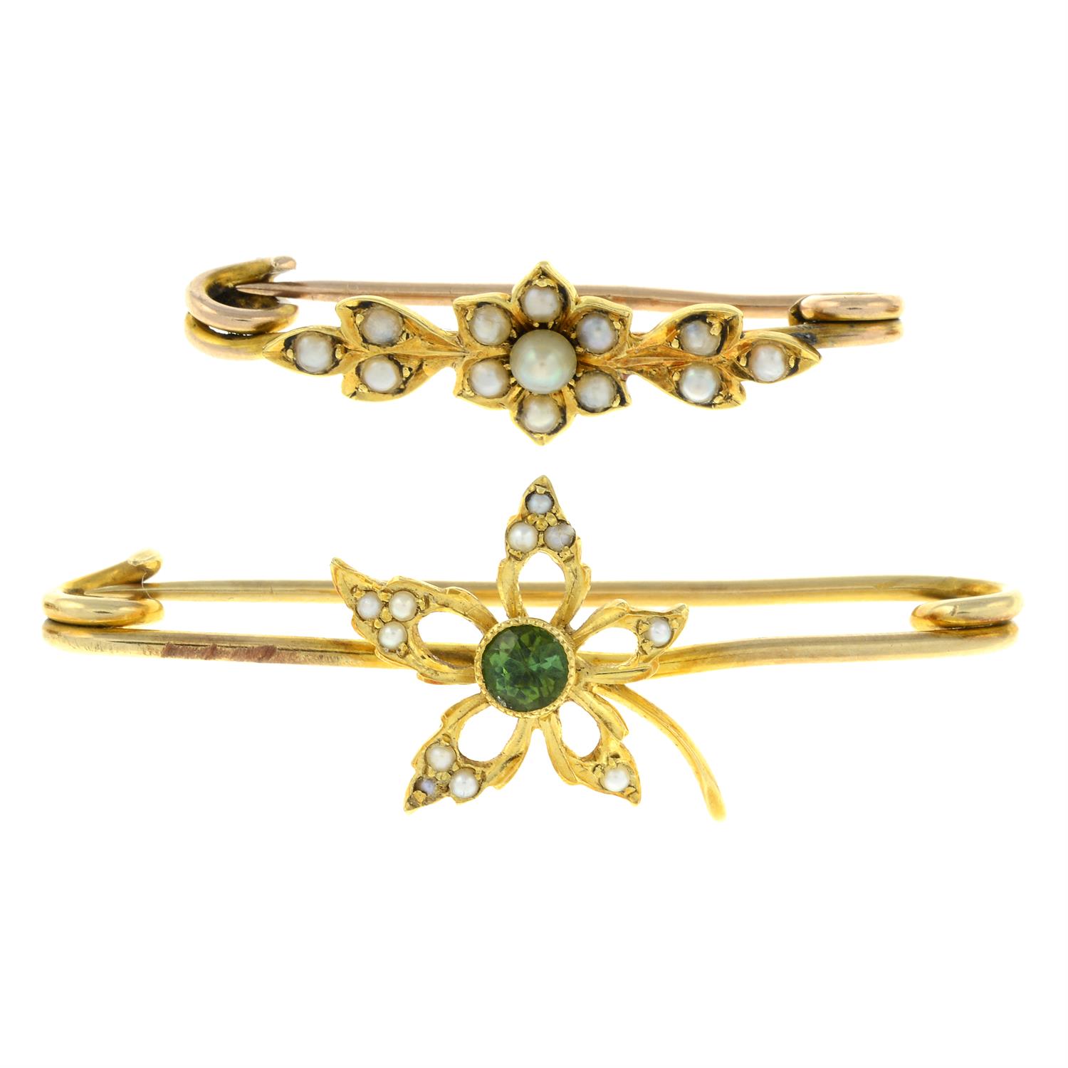 Two early 20th century gem-set bar brooches.